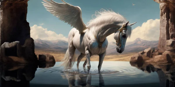 Pegasus, the winged horse from Greek mythology, drinks from the sacred fountain of the Muses, Hippocrene, which is said to have the power to inspire creativity and poetry.
