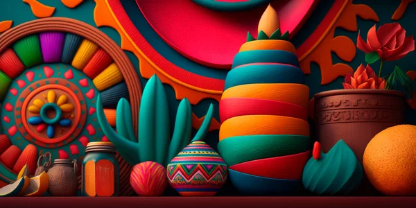 A vibrant and colorful depiction of Mexican art, including colorful patterns, clothing, figures, and craftwork