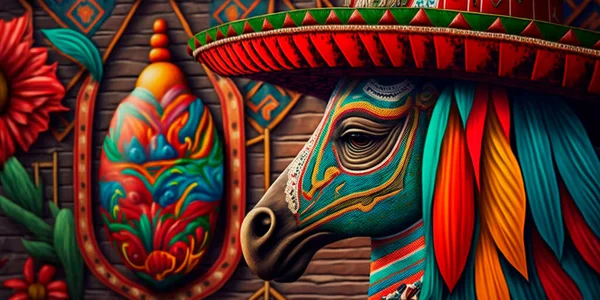 A vibrant and colorful depiction of Mexican art, including colorful patterns, clothing, figures, and craftwork