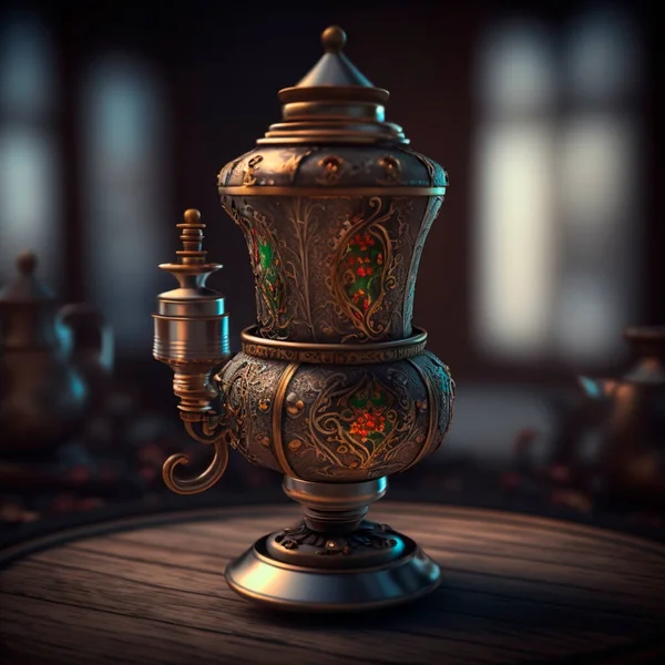 The Russian Samovar is a traditional tool used to heat water for tea in Russian households. It consists of a kettle filled with water and placed on a fire to heat it, with a lid fitted with a small hole to allow steam to escape.