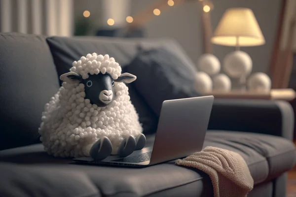 Adorable little sheep multitasking like a pro from the comfort of their own home, enjoying some quality couch time with their trusty laptop.