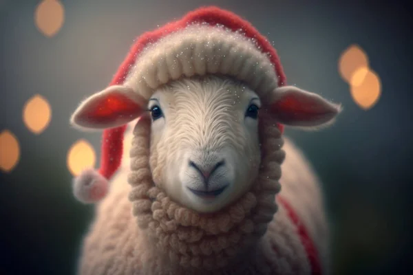 A cute little sheep with a Santa hat is all dressed up for Christmas in a festive scene.