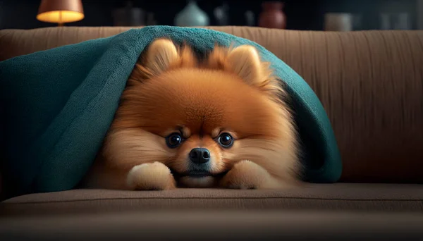 This cute Pomeranian is taking it easy on the couch and catching up on some much-needed rest and relaxation.