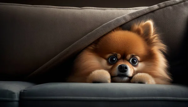 This cute Pomeranian is taking it easy on the couch and catching up on some much-needed rest and relaxation.