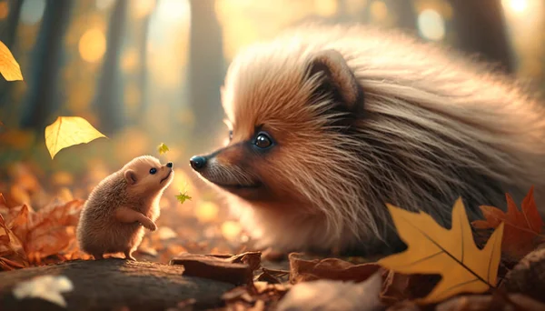 Cute Pomeranian and hedgehog meet in fall.