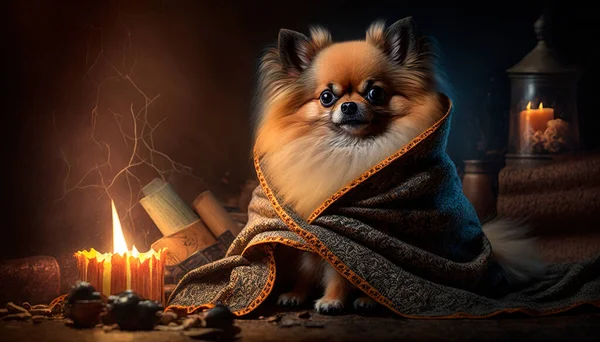 Cute Pomeranian dog sitting on a cozy blanket in front of a fireplace, enjoying a warm and relaxing moment.