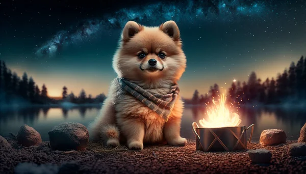 Cute Pomeranian dog sits by a forest campfire, enjoying the quiet and peaceful surroundings