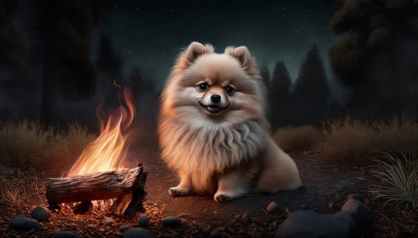 Cute Pomeranian dog sits by a forest campfire, enjoying the quiet and peaceful surroundings