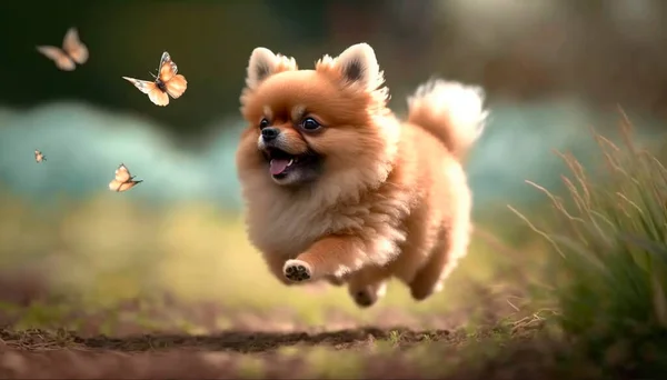 An adorable Pomeranian dog chases butterflies on a lush green meadow, filled with flowers.