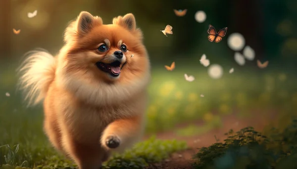 An adorable Pomeranian dog chases butterflies on a lush green meadow, filled with flowers.