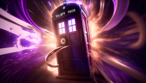 Travel through time with this ancient English phone booth, transformed into a mystical time capsule with glowing symbols.