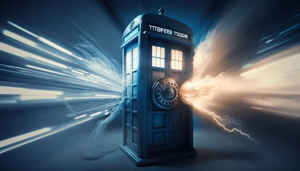 Travel through time with this ancient English phone booth, transformed into a mystical time capsule with glowing symbols.