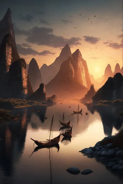 A breathtaking view of a stunning Chinese landscape featuring a grand river, towering mountains, and a multitude of fishing boats, all illuminated by the warm glow of the setting sun