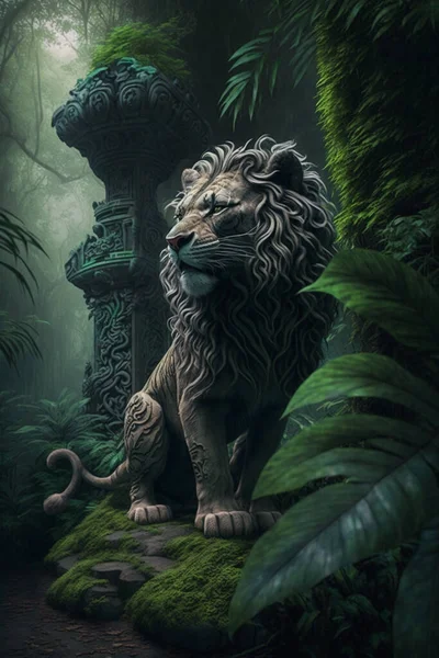 Fierce and majestic lion sculpture in a lush jungle landscape, showcasing the beauty of Chinese art.