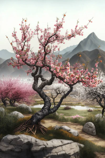 Experience the beauty of Chinese nature with this serene landscape featuring a blooming peach tree
