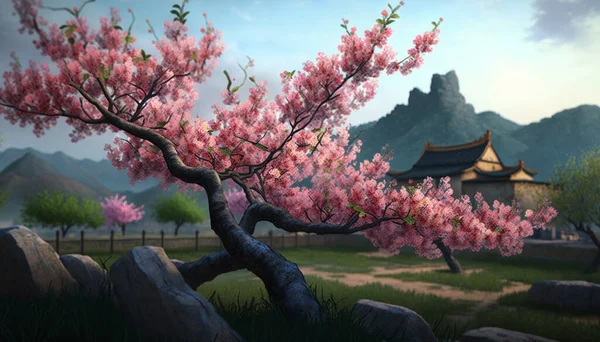 Experience the beauty of Chinese nature with this serene landscape featuring a blooming peach tree