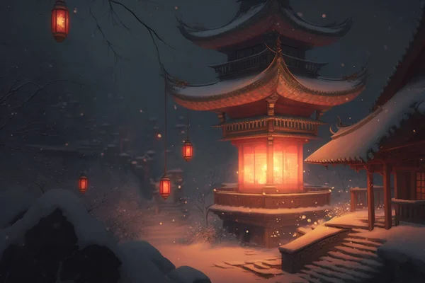 Magical lanterns create a mystical atmosphere in the night, shining brightly against the silhouette of a pagoda.