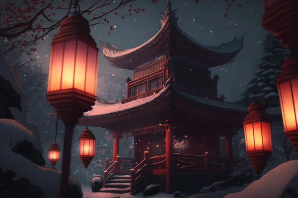 Magical lanterns create a mystical atmosphere in the night, shining brightly against the silhouette of a pagoda.