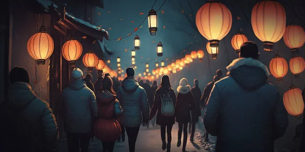 Experience the magic of the Chinese lantern festival as crowds of people parade through the streets with glowing orange lanterns in a mystical and enchanting atmosphere.