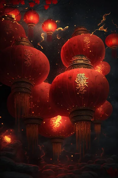 Experience the magical ambiance of the Chinese New Year with these stunning red lanterns shining brightly in the night.