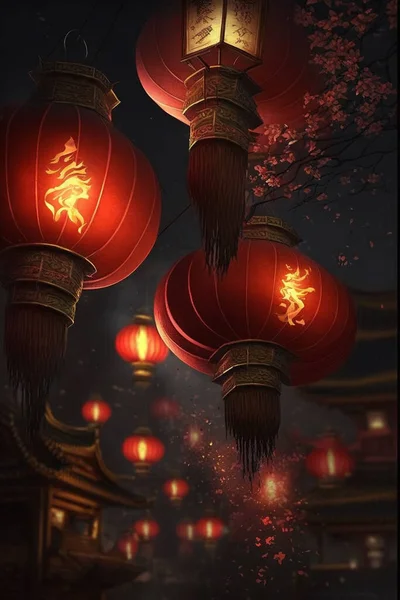 Experience the magical ambiance of the Chinese New Year with these stunning red lanterns shining brightly in the night.