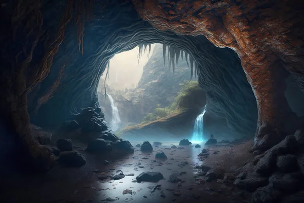 A mystical, magical and enchanting view from a cave with blue-glowing waterfalls and streams running through rocks.