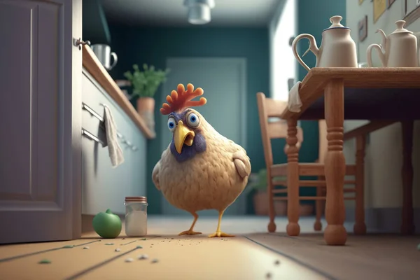 A funny chicken standing alone in a quaint countryside kitchen, maybe contemplating life or waiting for a snack
