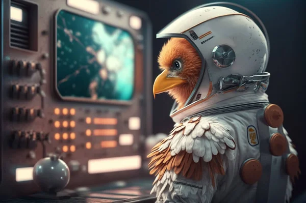 A hilarious chicken is an astronaut in a space station, controlling the panels and buttons for a mission in space.
