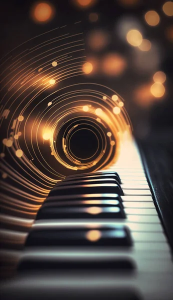 This abstract image depicts the sound waves of music through a vortex of piano keys blending together in an intricate composition