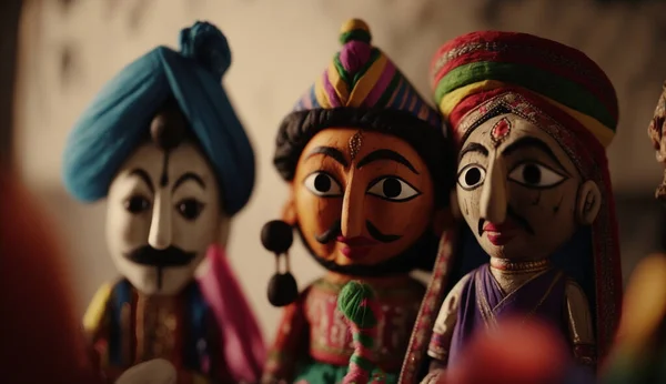 Vibrant wooden puppets of an ancient Indian puppet theater, depicting mythological stories and legends