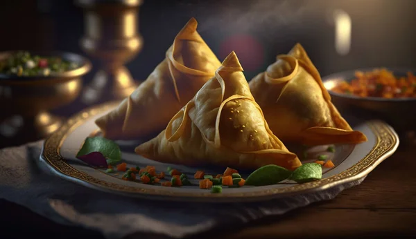 Experience the taste of India with Samosas, a crispy and savory snack filled with spiced potatoes and peas, served hot and fresh on a wooden table.