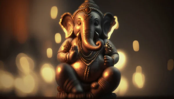 An Indian sculpture of Ganesha, the god of intellect and knowledge, depicted as an elephant, exudes divine wisdom and spiritual serenity.