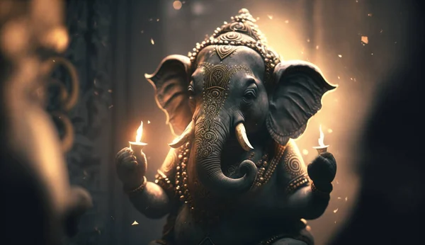 An Indian sculpture of Ganesha, the god of intellect and knowledge, depicted as an elephant, exudes divine wisdom and spiritual serenity.