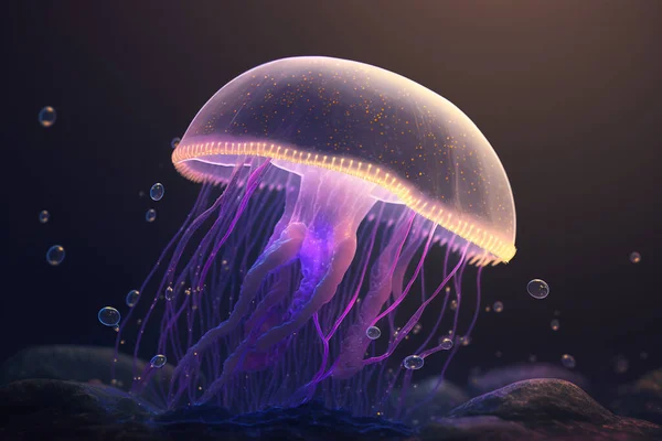 Discover the ethereal beauty of a fluorescent jellyfish in the depths of the ocean