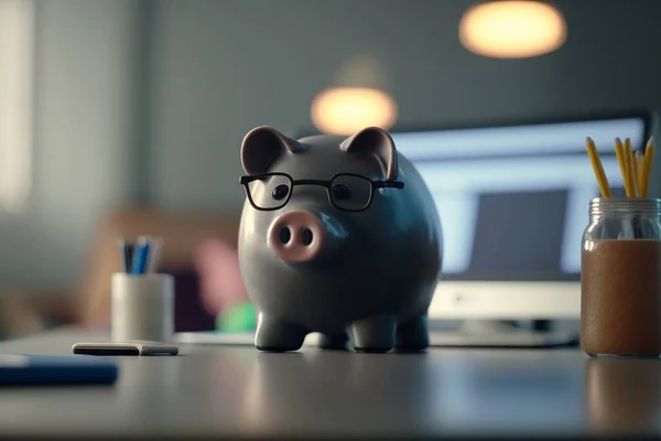 Piggy bank sitting in front of a computer screen