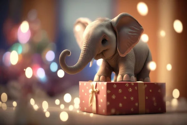A cute little elephant is holding a wrapped present, looking excited for Christmas