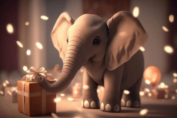 A cute little elephant is holding a wrapped present, looking excited for Christmas