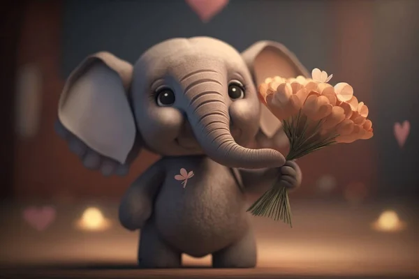 This cute little elephant is ready to spread some love this Valentine\'s Day with a bouquet of beautiful flowers.