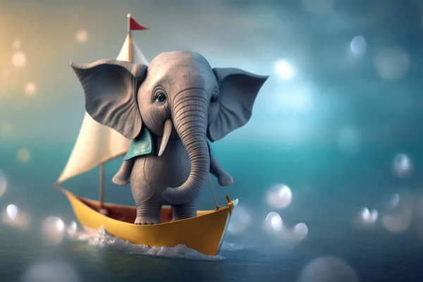 A cute little elephant sets sail on a miniature boat for a thrilling adventure on the open waters.