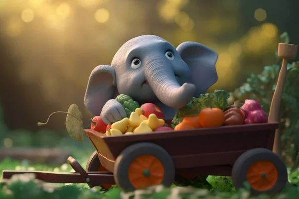 A cute little elephant is enjoying the harvest season in the garden, with a wheelbarrow full of fresh vegetables.