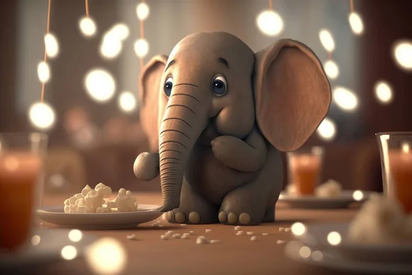 A cute little elephant happily munching on popcorn from a plate