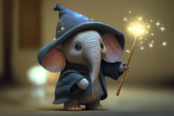 A cute little elephant dressed as a magician with a glowing wand, wizard hat, and cape, ready to cast some spells