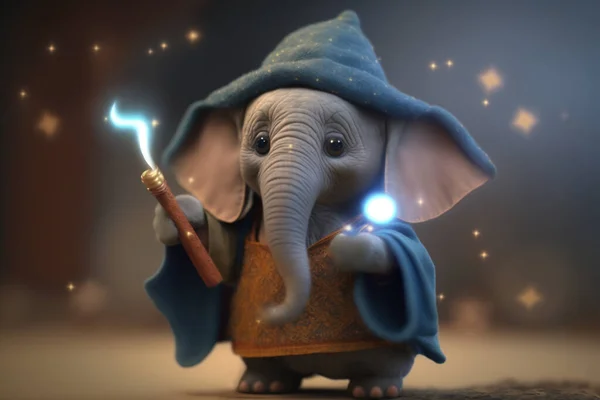 A cute little elephant dressed as a magician with a glowing wand, wizard hat, and cape, ready to cast some spells