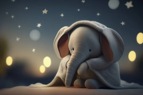 Cute little elephant takes a nap under a soft and warm blanket, dreaming sweet dreams