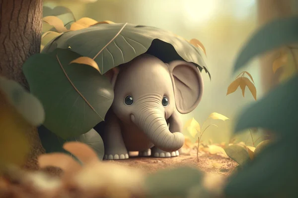 A funny little elephant finds a hiding spot under a large green leaf. Can you spot him