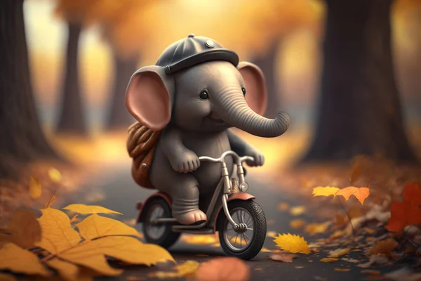 A cute little elephant is cycling through the forest in autumn, surrounded by the beautiful colors of falling leaves.