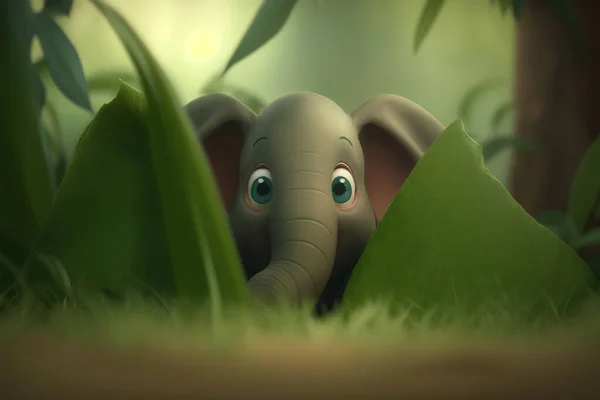 Cute elephant enjoys a game of hide-and-seek in the jungle, peeking out from behind big green leaves.