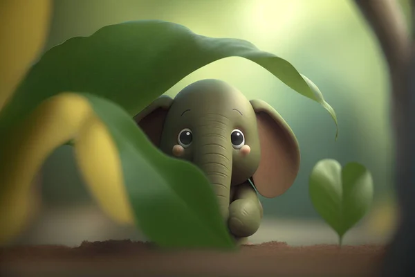 Cute elephant enjoys a game of hide-and-seek in the jungle, peeking out from behind big green leaves.
