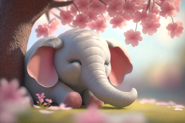 A cute elephant peacefully sleeps under a beautiful pink blossom tree, enjoying a sunny day in nature.