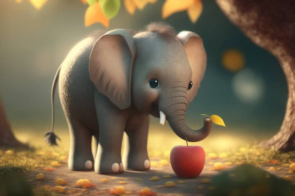 A cute little elephant enjoying a fresh apple under a beautiful apple tree.